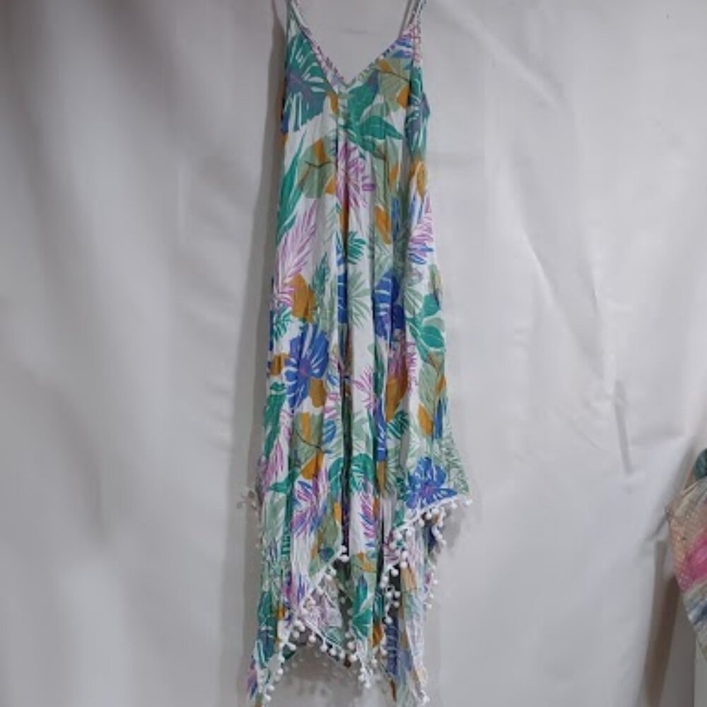 GOA  BEACHEWEAR BY JAPNA PALM LEAF PRINT COVERUP POMPOMS BOHO HIPPIE SUMMER L